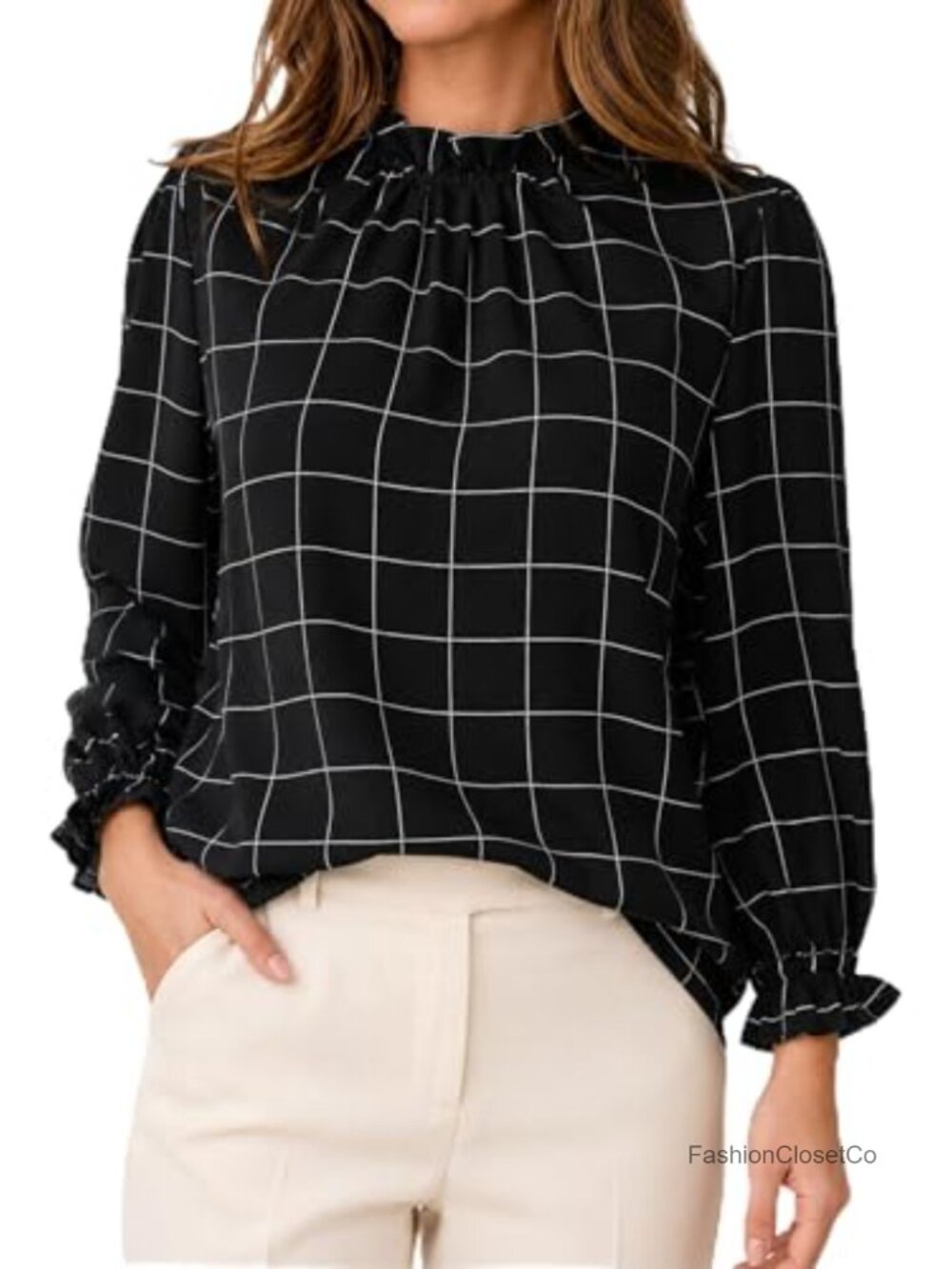 Women's Ruffle Mock Neck Blouse 3/4 Sleeve Business Casual Tunic